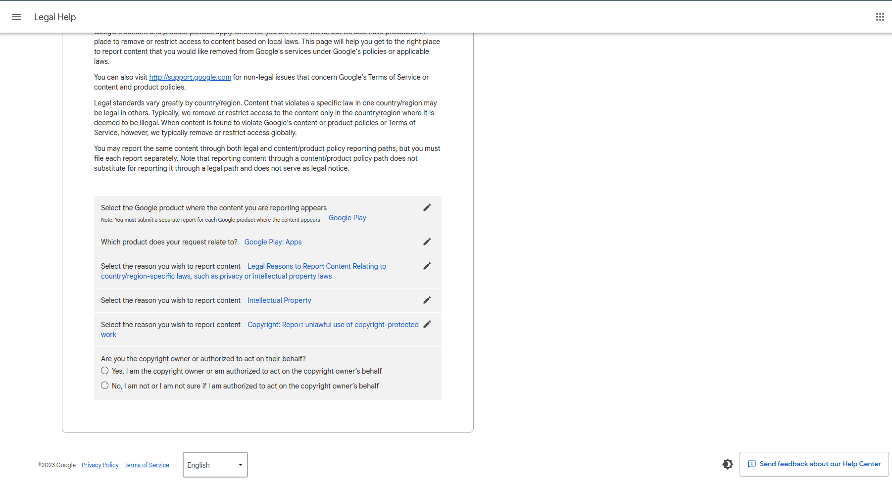 Report copyright infringement on google play store