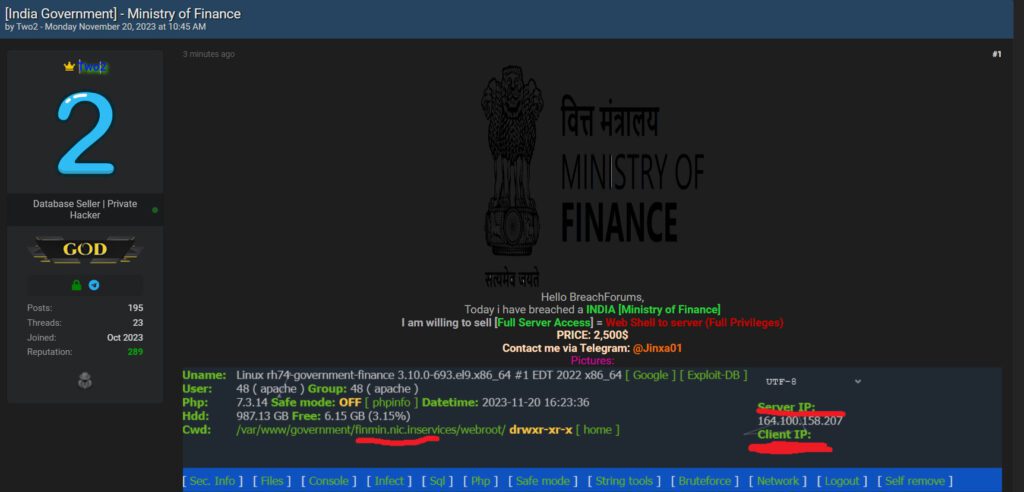 Ministry of Finance India Server Breach - post by TA on Breach Forums.